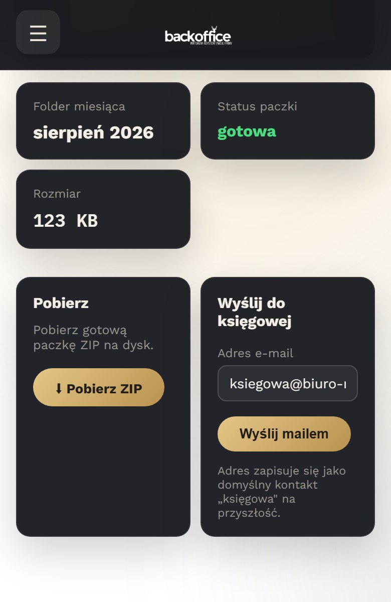 Ekran Paczka do księgowej: paczka gotowa, przyciski Pobierz ZIP i Wyślij mailem